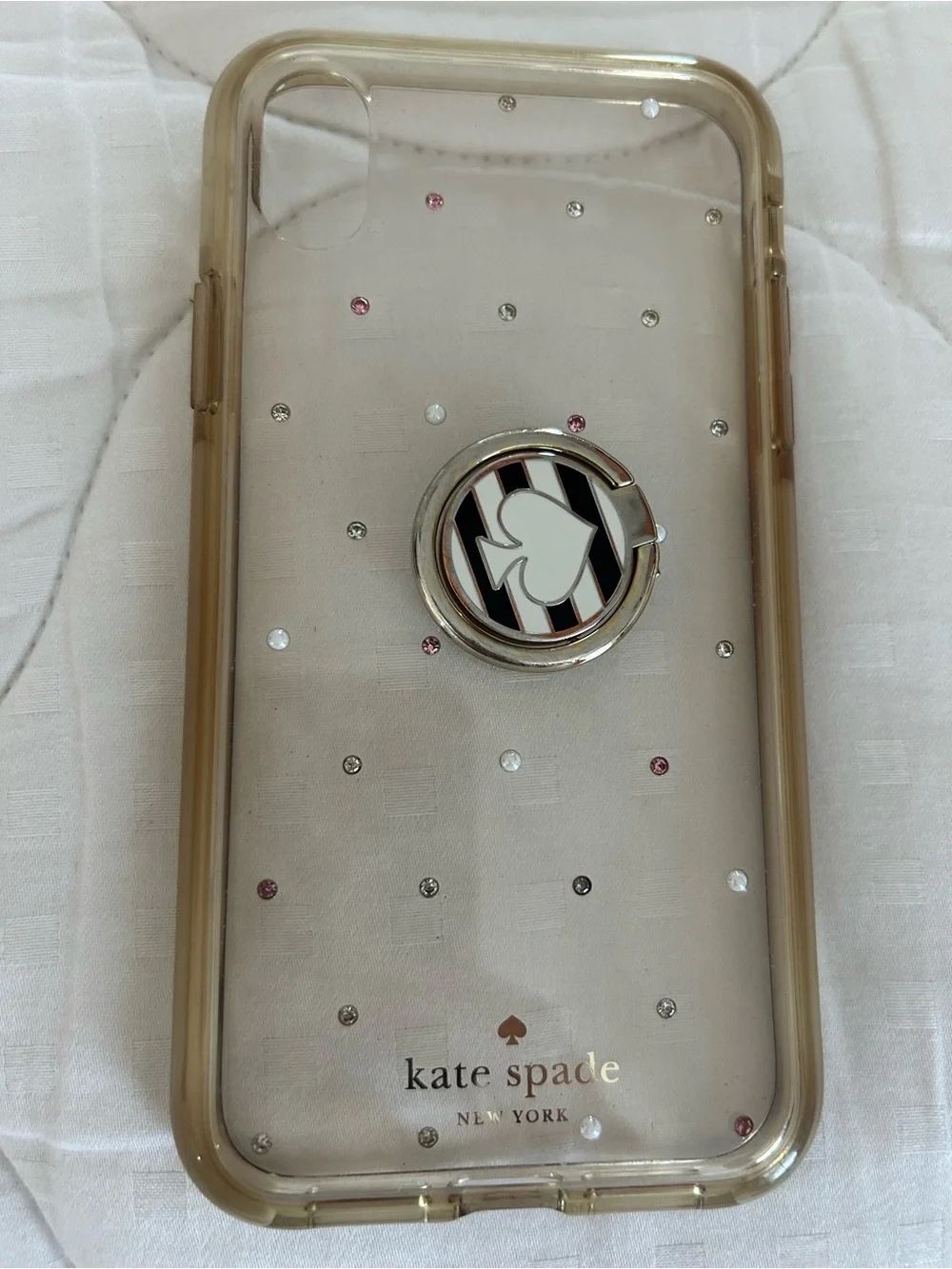 kate spade Clear Phone Case with Gold Trim, Pink & Clear Crystal Dots and Ring